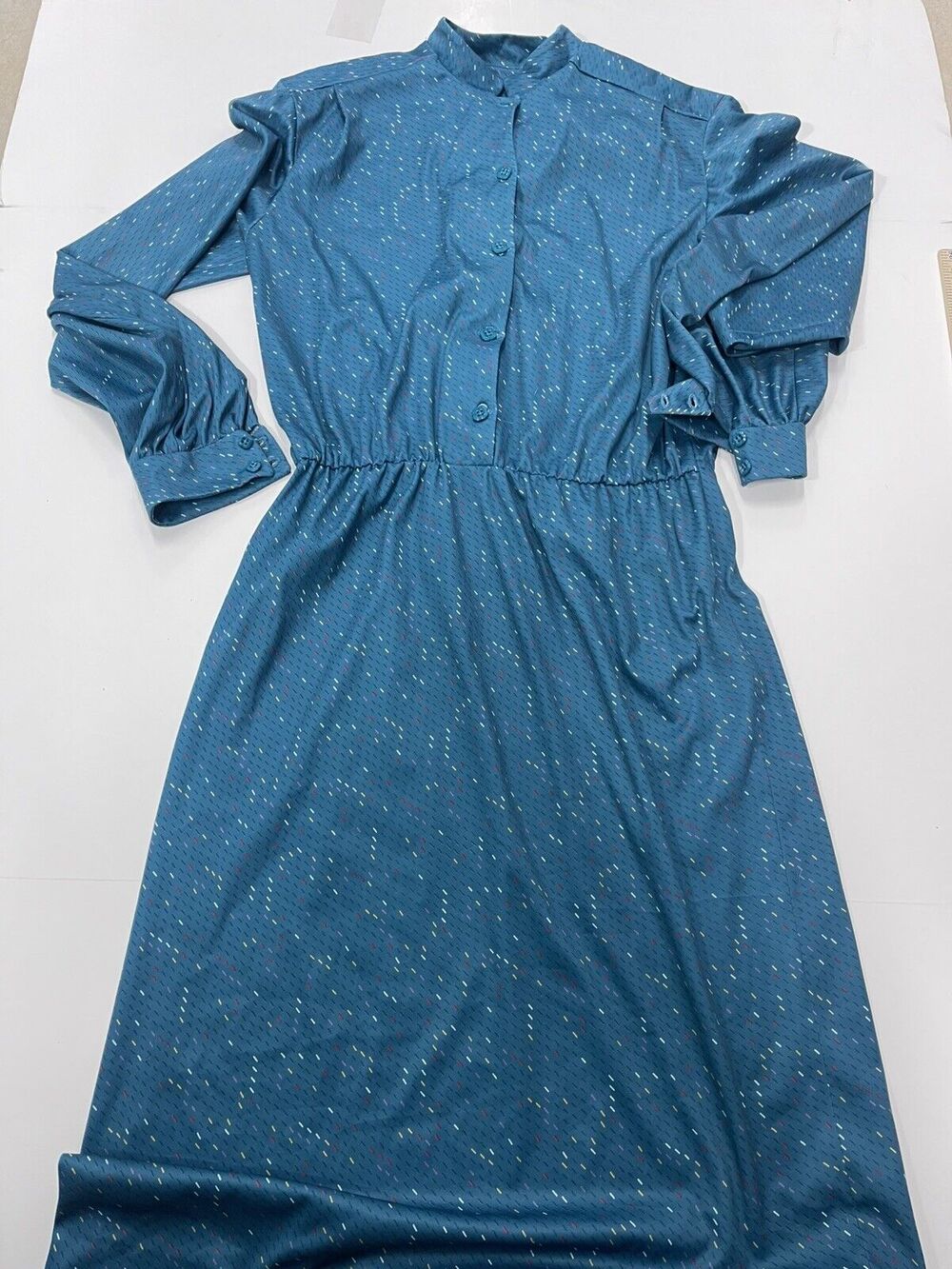 Vintage Handmade Teal Blue Geometric Patter Long Sleeve Dress